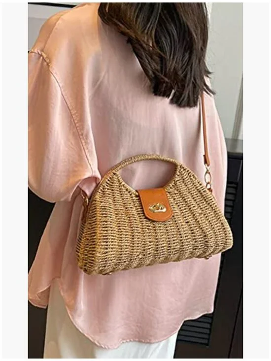 Handwoven Straw Crossbody Tote Bag with Rattan Top Handle - Picture 5 of 7